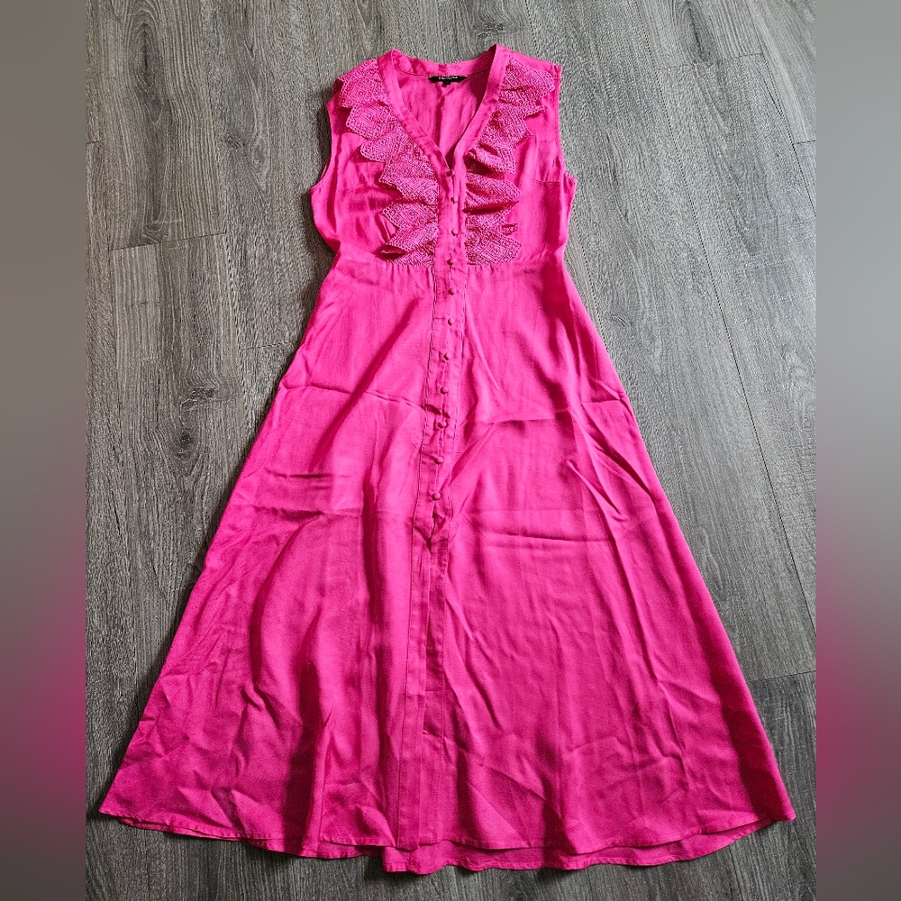 Saturday Club Hot Pink Linen Ruffle Button Front Midi Sleeveless Dress Large